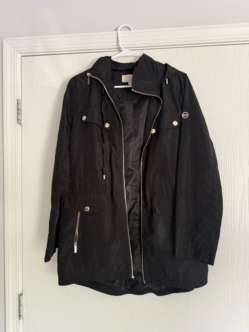 Michael Kors Black Drawstring Hooded Utility Jacket with Gold Hardware